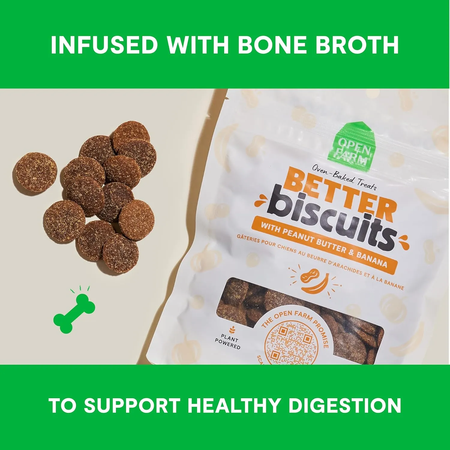 Open Farm Better Biscuits, Oven Baked Dog Treats with Probiotics, Peanut Butter & Banana Recipe, 8oz Pouch