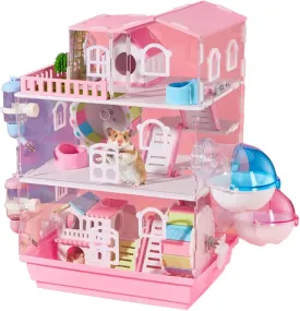 Panoramic Transparent Hamster cage, Acrylic Hamster cage and Small Animal Habitat, Suitable for Small Pets Such as Syrian Hamsters, Gerbils, Guinea Pigs (3 Layers - Colorful Pink)