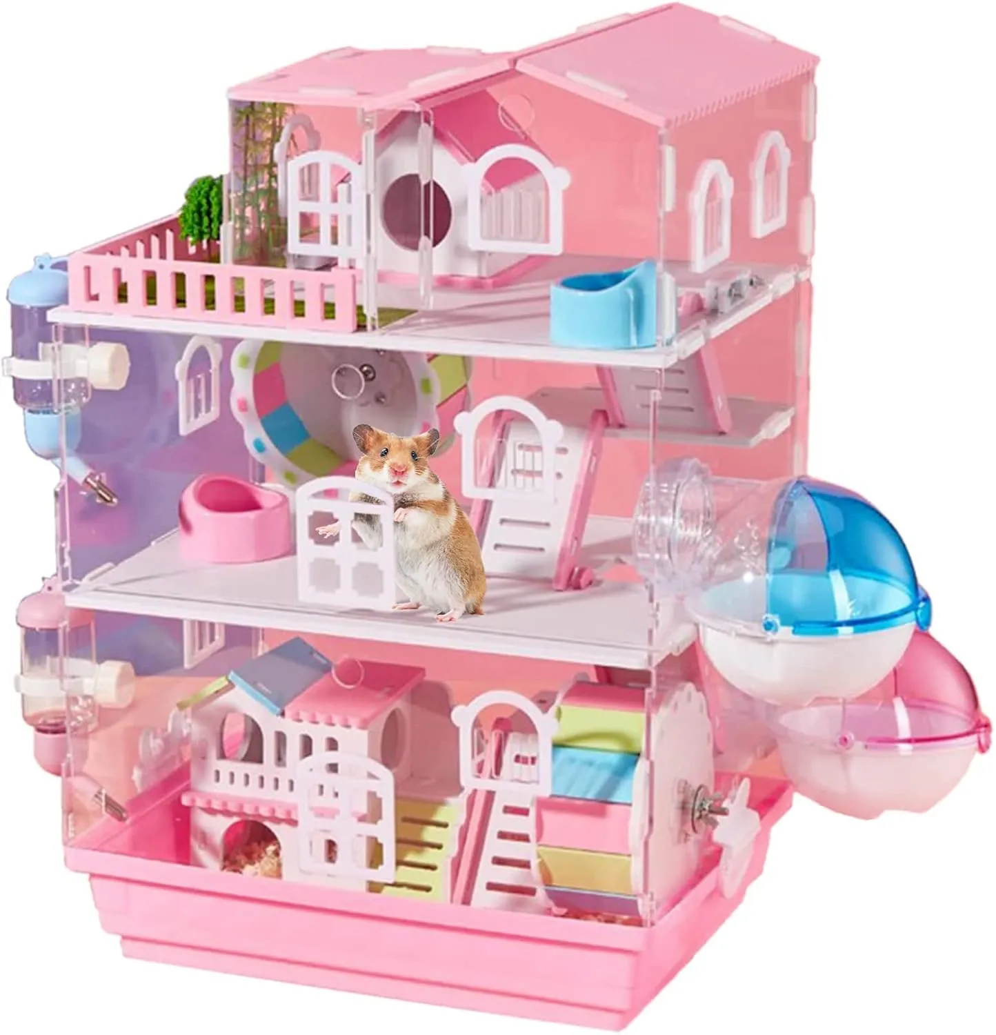 Panoramic Transparent Hamster cage, Acrylic Hamster cage and Small Animal Habitat, Suitable for Small Pets Such as Syrian Hamsters, Gerbils, Guinea Pigs (3 Layers - Colorful Pink)