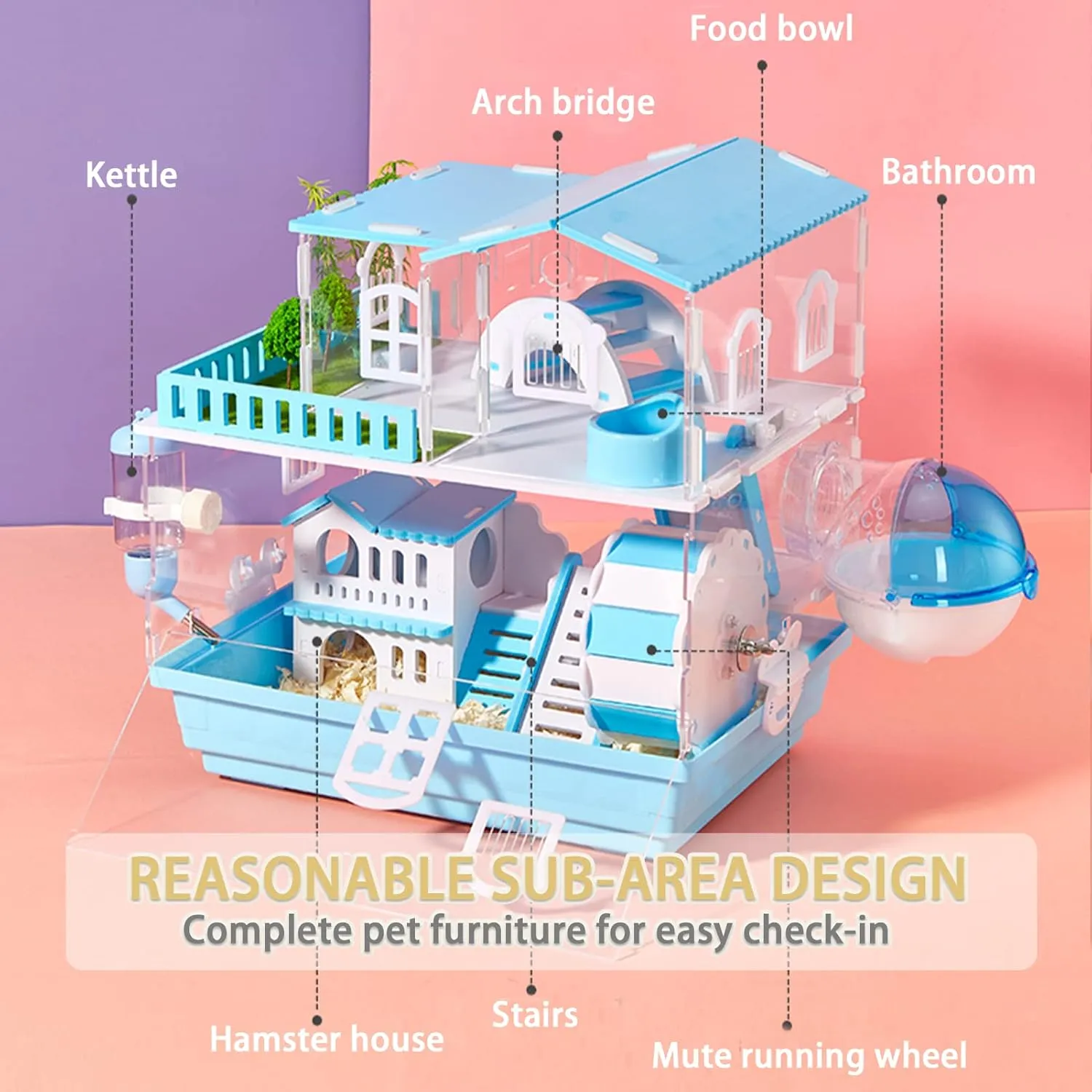 Panoramic Transparent Hamster cage, Acrylic Hamster cage and Small Animal Habitat, Suitable for Small Pets Such as Syrian Hamsters, Gerbils, Guinea Pigs (3 Layers - Colorful Pink)