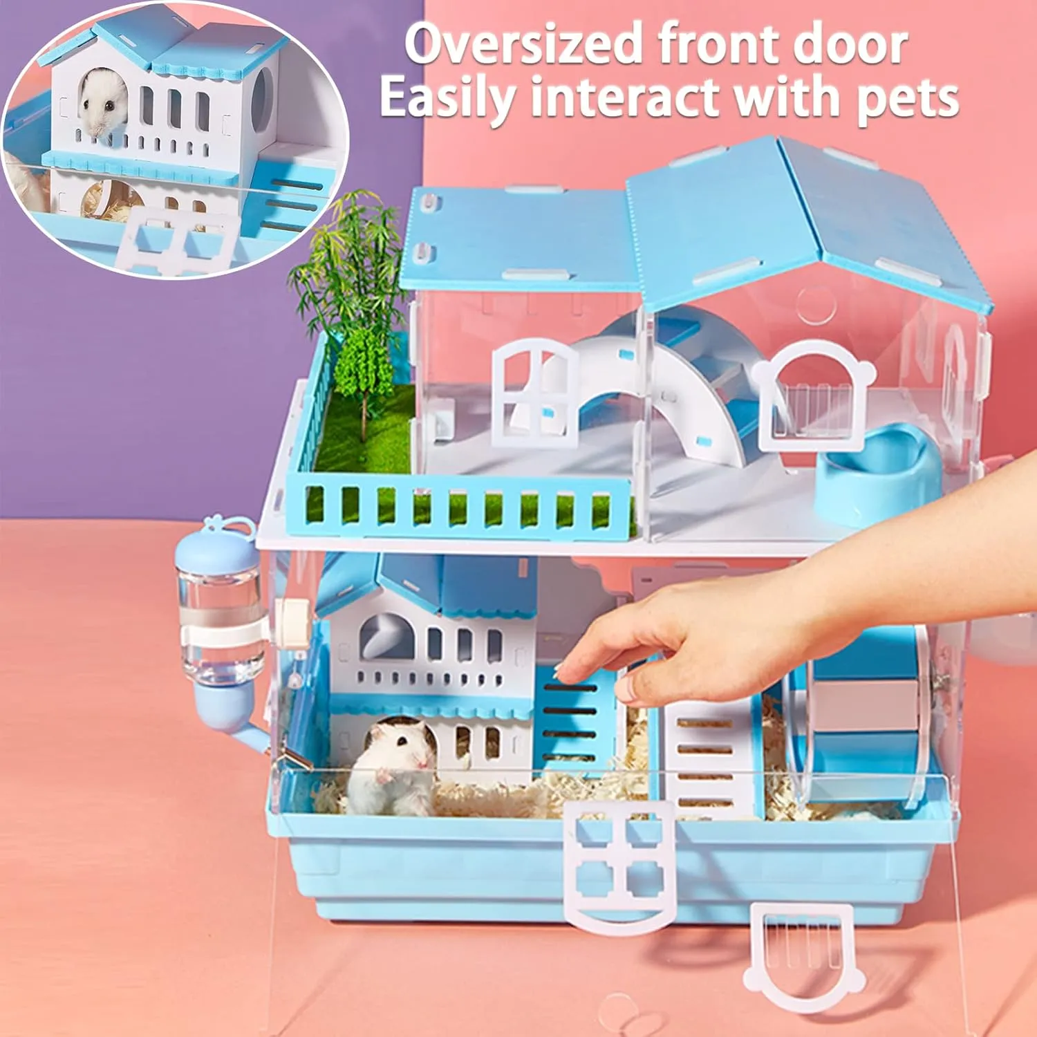 Panoramic Transparent Hamster cage, Acrylic Hamster cage and Small Animal Habitat, Suitable for Small Pets Such as Syrian Hamsters, Gerbils, Guinea Pigs (3 Layers - Colorful Pink)