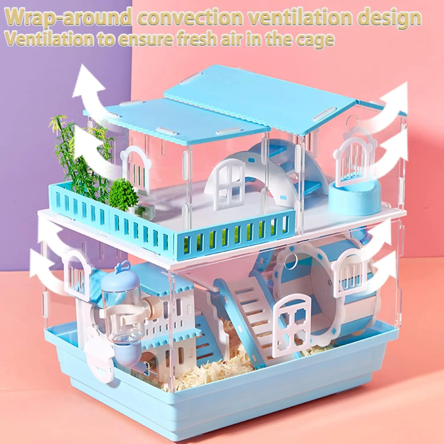 Panoramic Transparent Hamster cage, Acrylic Hamster cage and Small Animal Habitat, Suitable for Small Pets Such as Syrian Hamsters, Gerbils, Guinea Pigs (3 Layers - Colorful Pink)