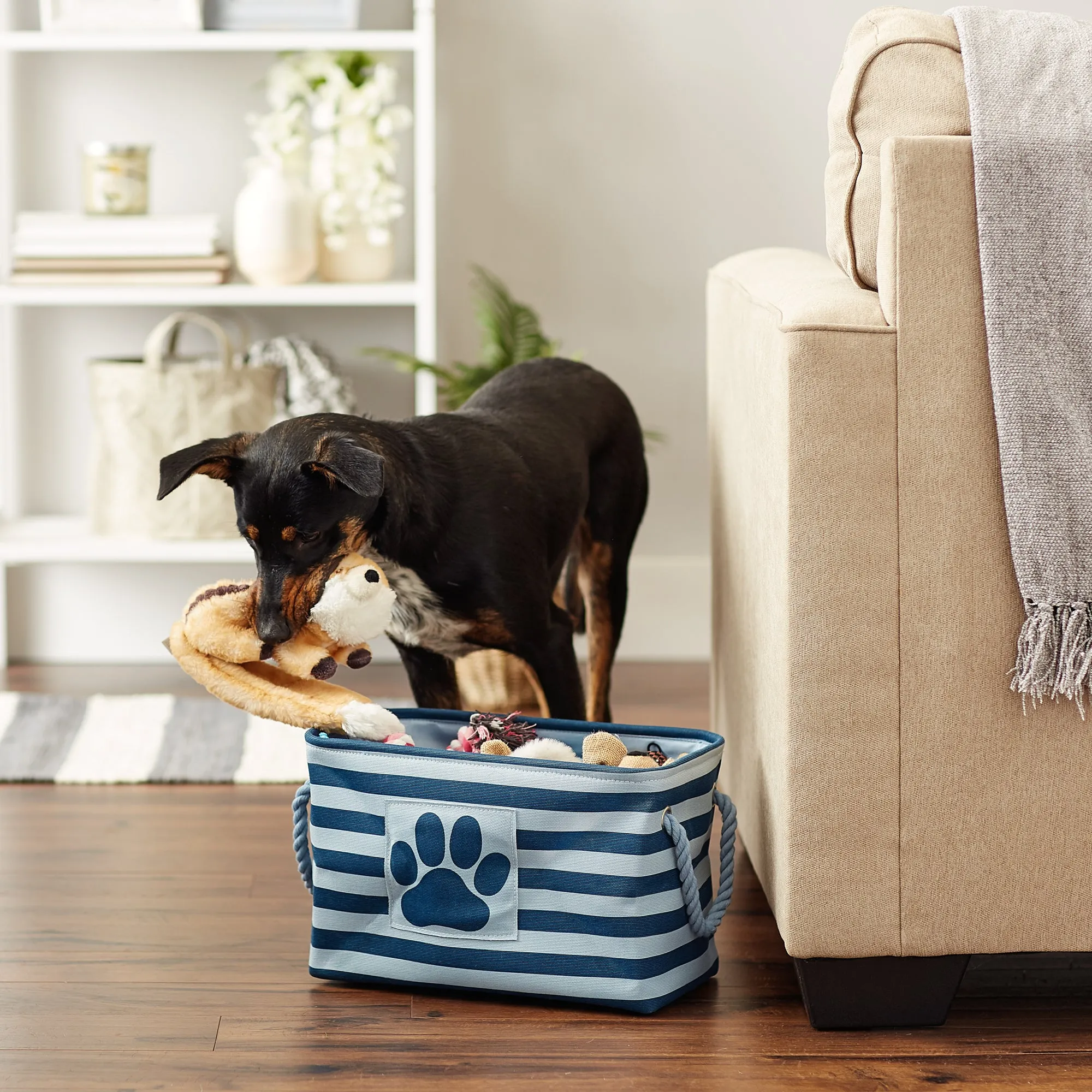 Polyester Pet Bin Stripe With Paw Patch Dark Navy Rectangle Small 14X8X9