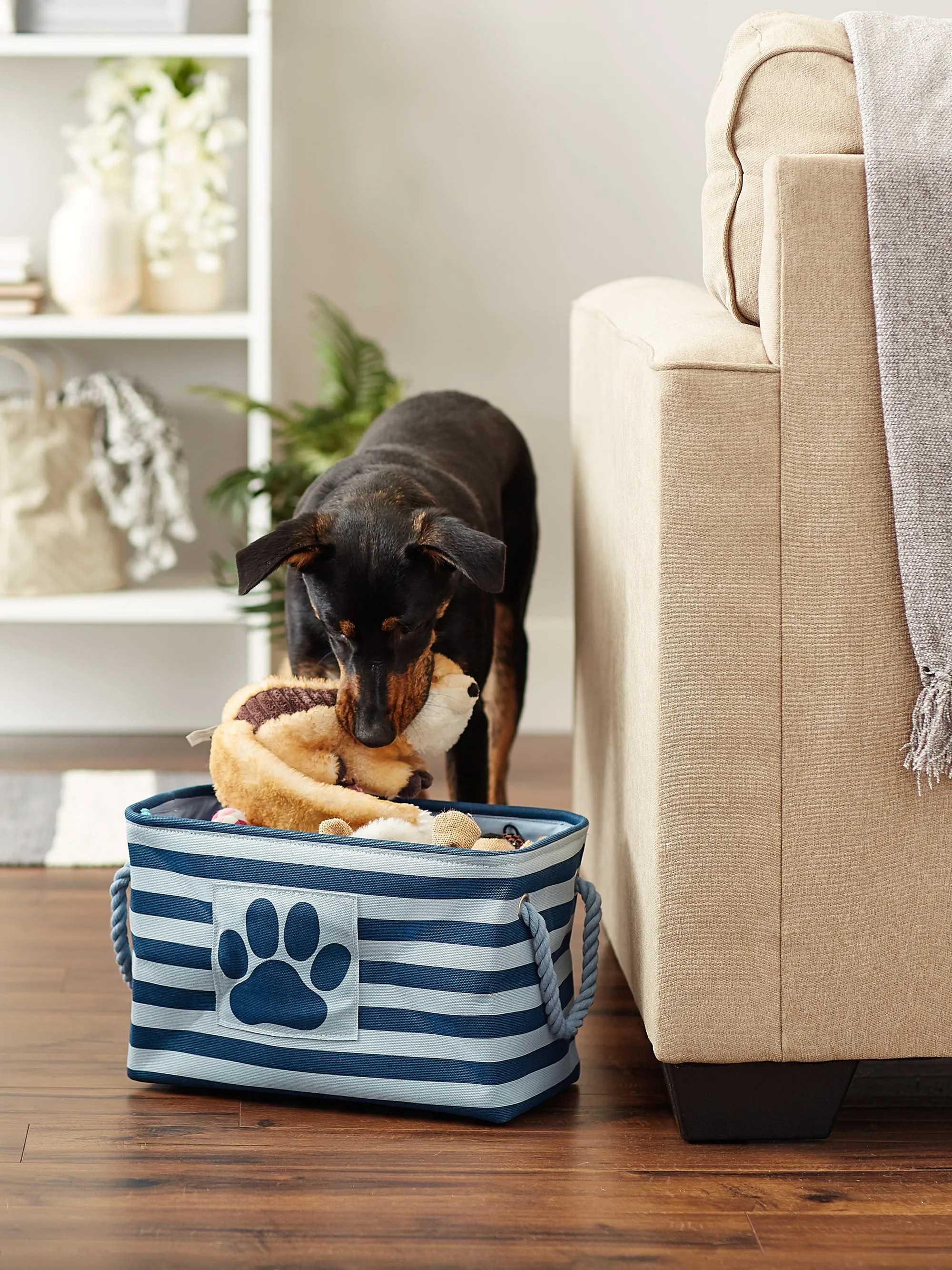 Polyester Pet Bin Stripe With Paw Patch Dark Navy Rectangle Small 14X8X9
