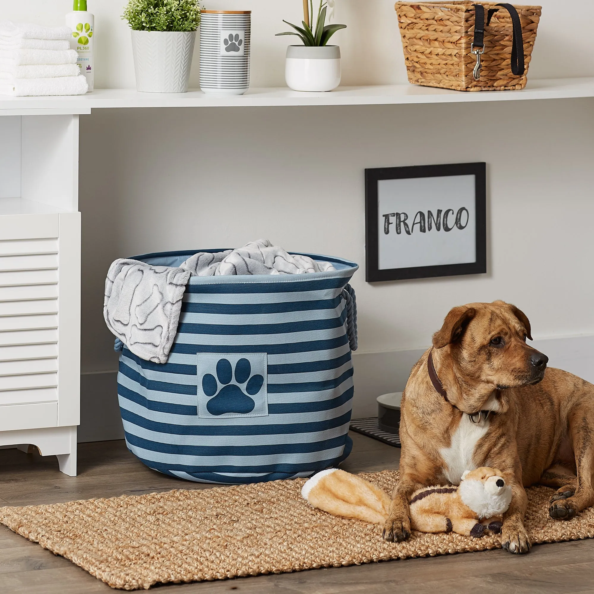 Polyester Pet Bin Stripe With Paw Patch Dark Navy Round Large 15X18X18