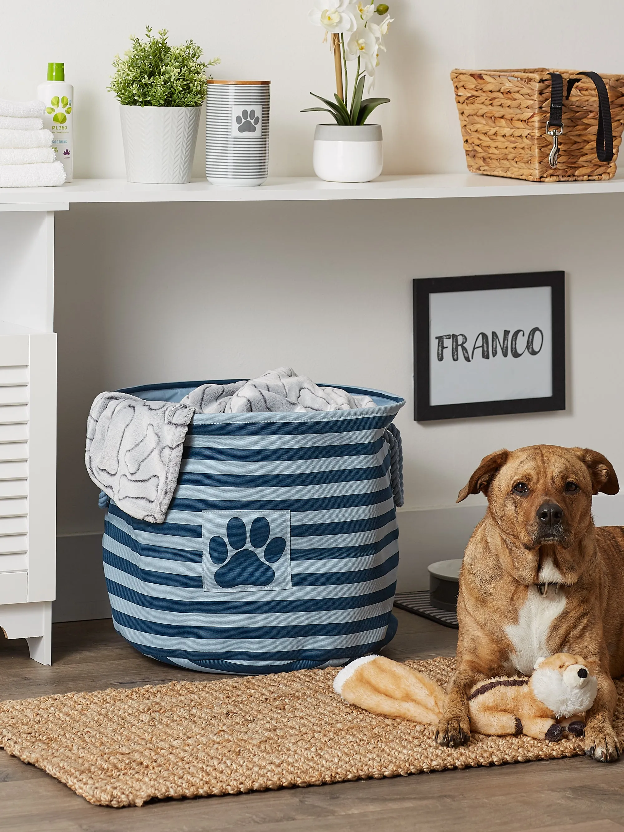 Polyester Pet Bin Stripe With Paw Patch Dark Navy Round Large 15X18X18