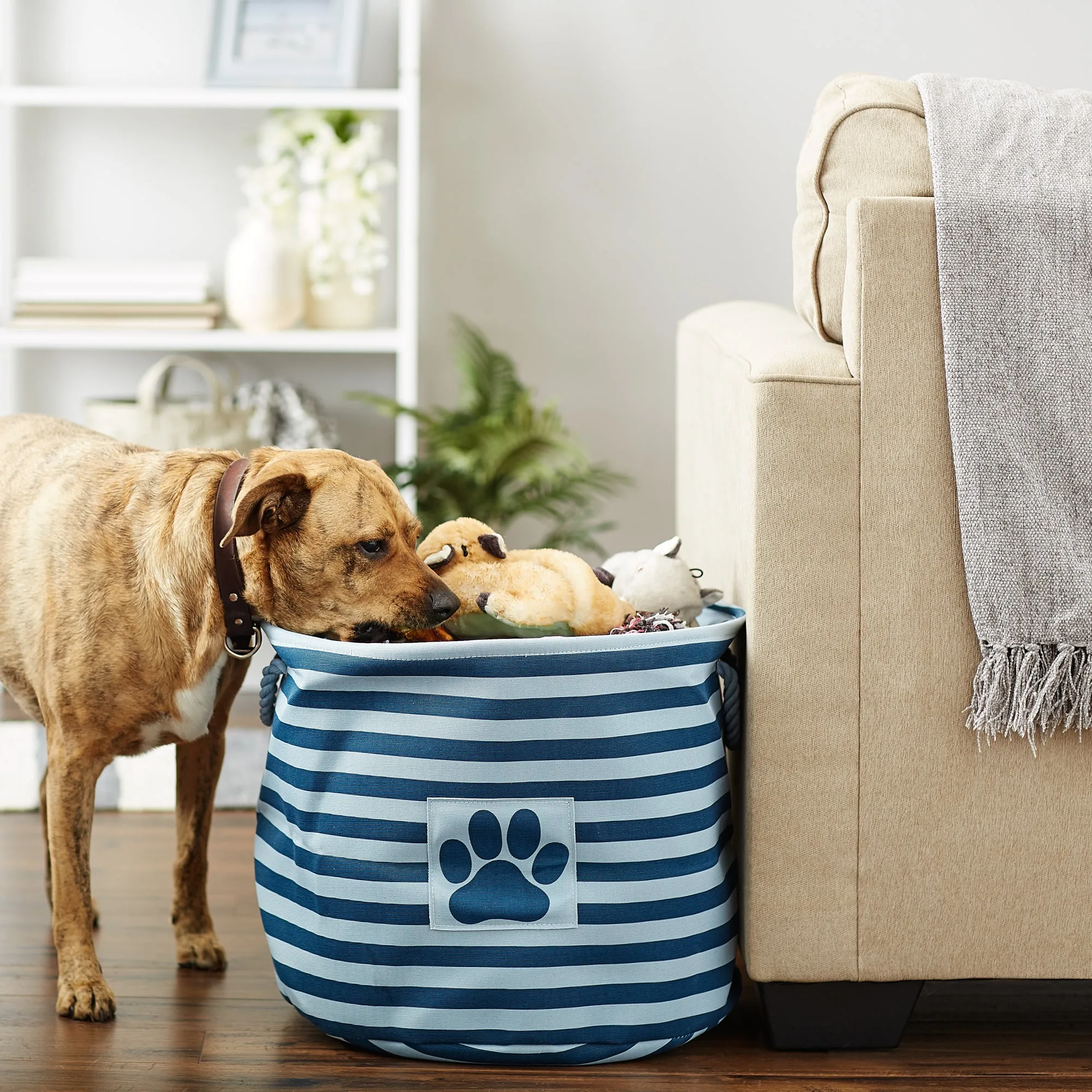 Polyester Pet Bin Stripe With Paw Patch Dark Navy Round Large 15X18X18