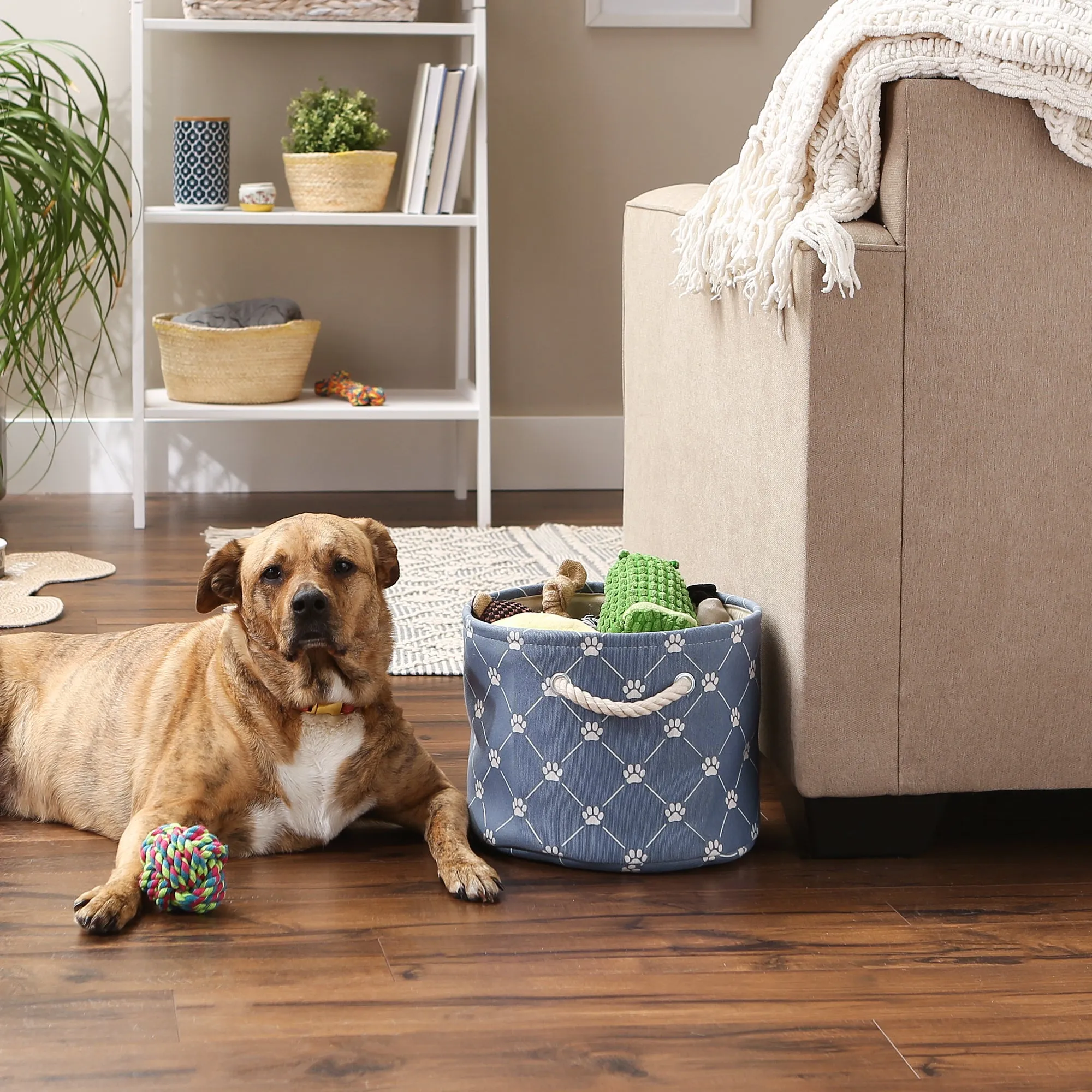 Polyester Pet Bin Trellis Paw Stonewash Blue Round Small 9X12X12
