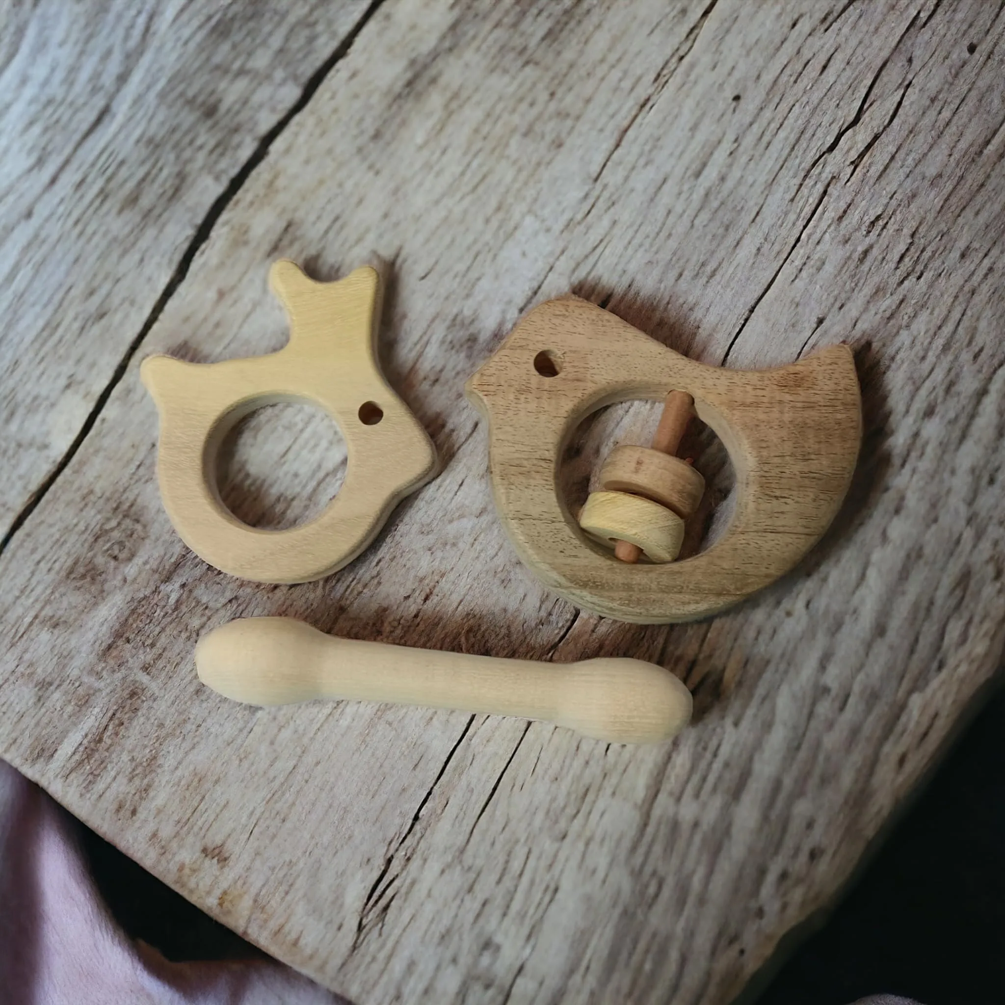 Sensory Developing Neem Wooden Rattle & Teethers- Dove, Dumb Bell & Rabbit Shapes for 0-3 Years