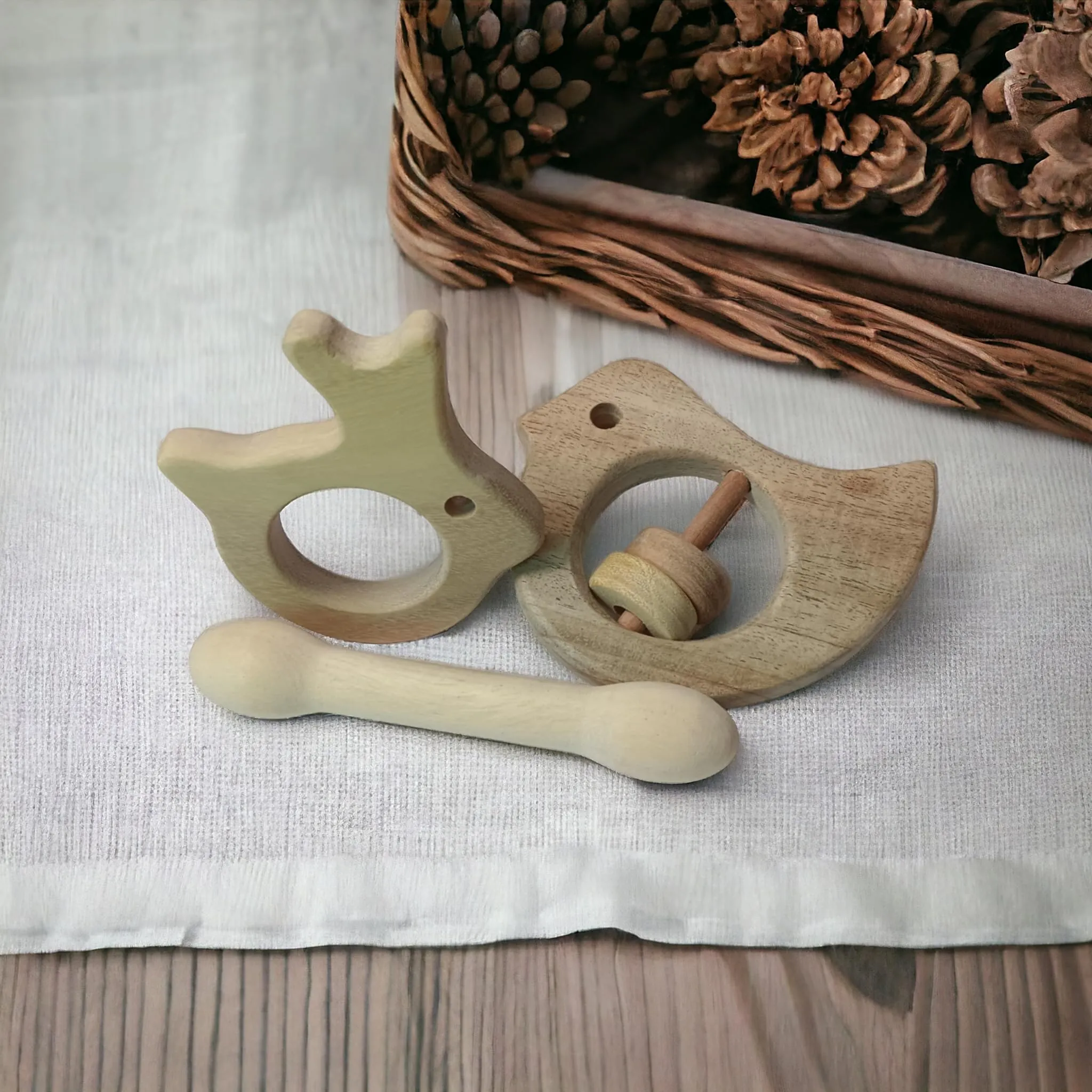 Sensory Developing Neem Wooden Rattle & Teethers- Dove, Dumb Bell & Rabbit Shapes for 0-3 Years