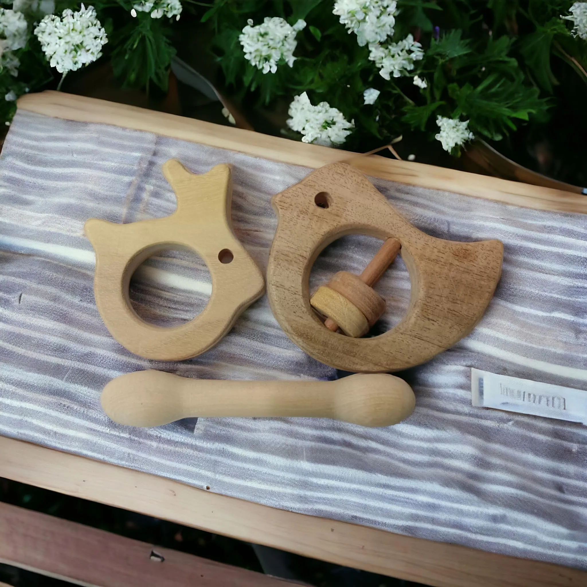 Sensory Developing Neem Wooden Rattle & Teethers- Dove, Dumb Bell & Rabbit Shapes for 0-3 Years