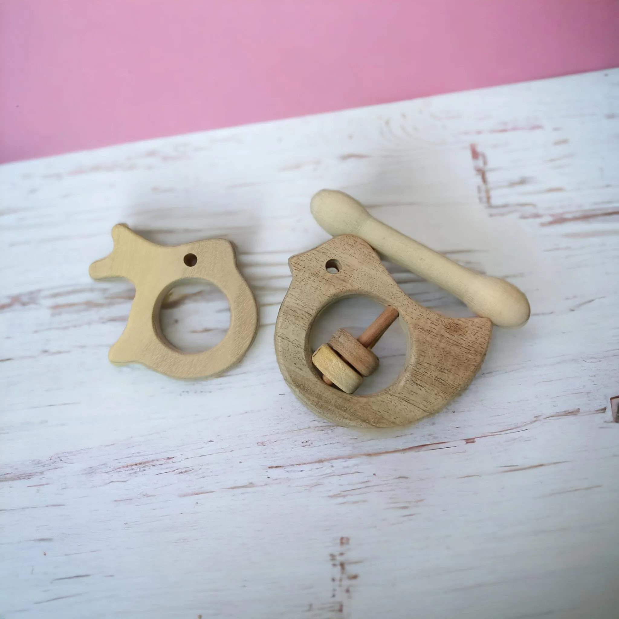 Sensory Developing Neem Wooden Rattle & Teethers- Dove, Dumb Bell & Rabbit Shapes for 0-3 Years