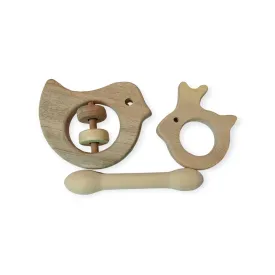 Sensory Developing Neem Wooden Rattle & Teethers- Dove, Dumb Bell & Rabbit Shapes for 0-3 Years