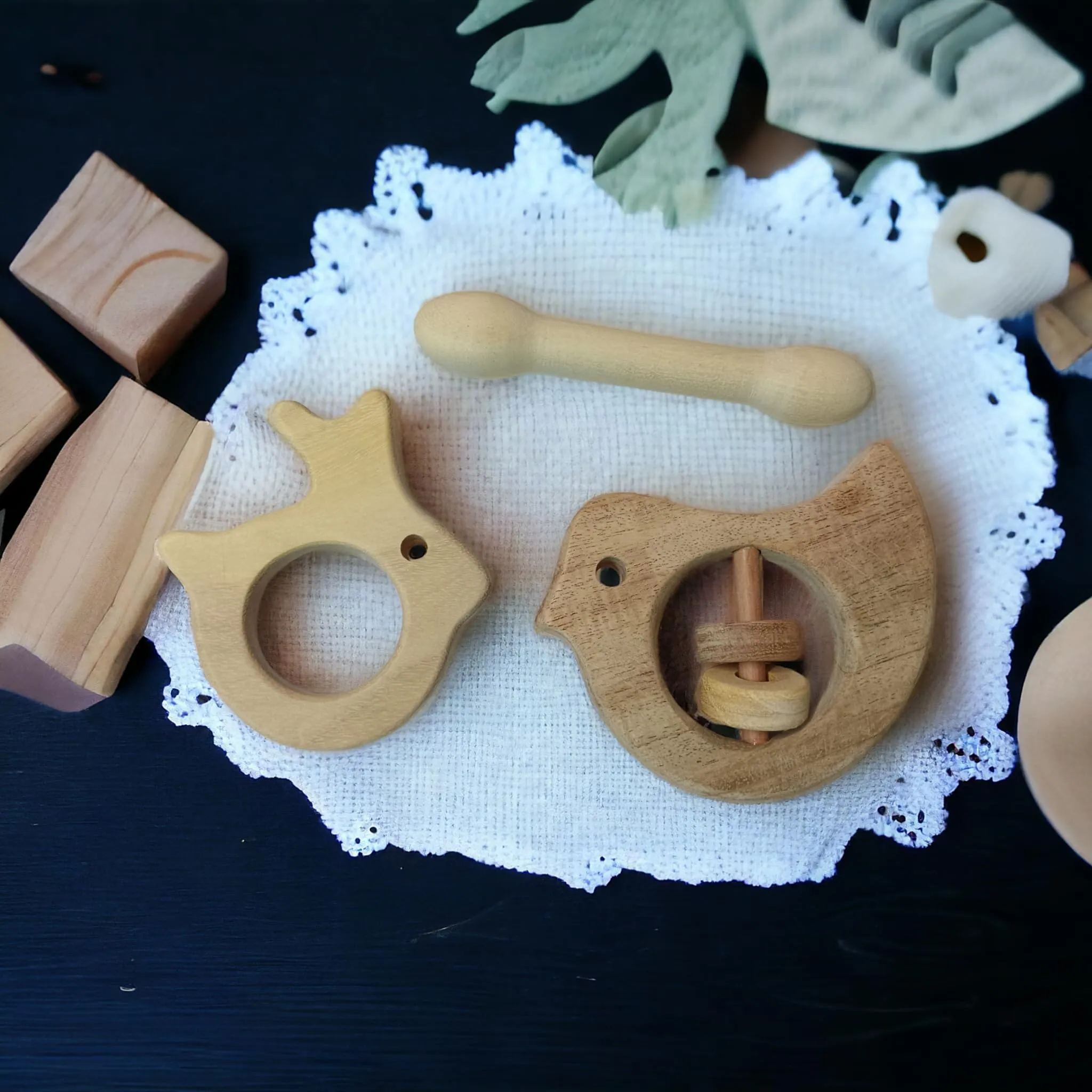 Sensory Developing Neem Wooden Rattle & Teethers- Dove, Dumb Bell & Rabbit Shapes for 0-3 Years