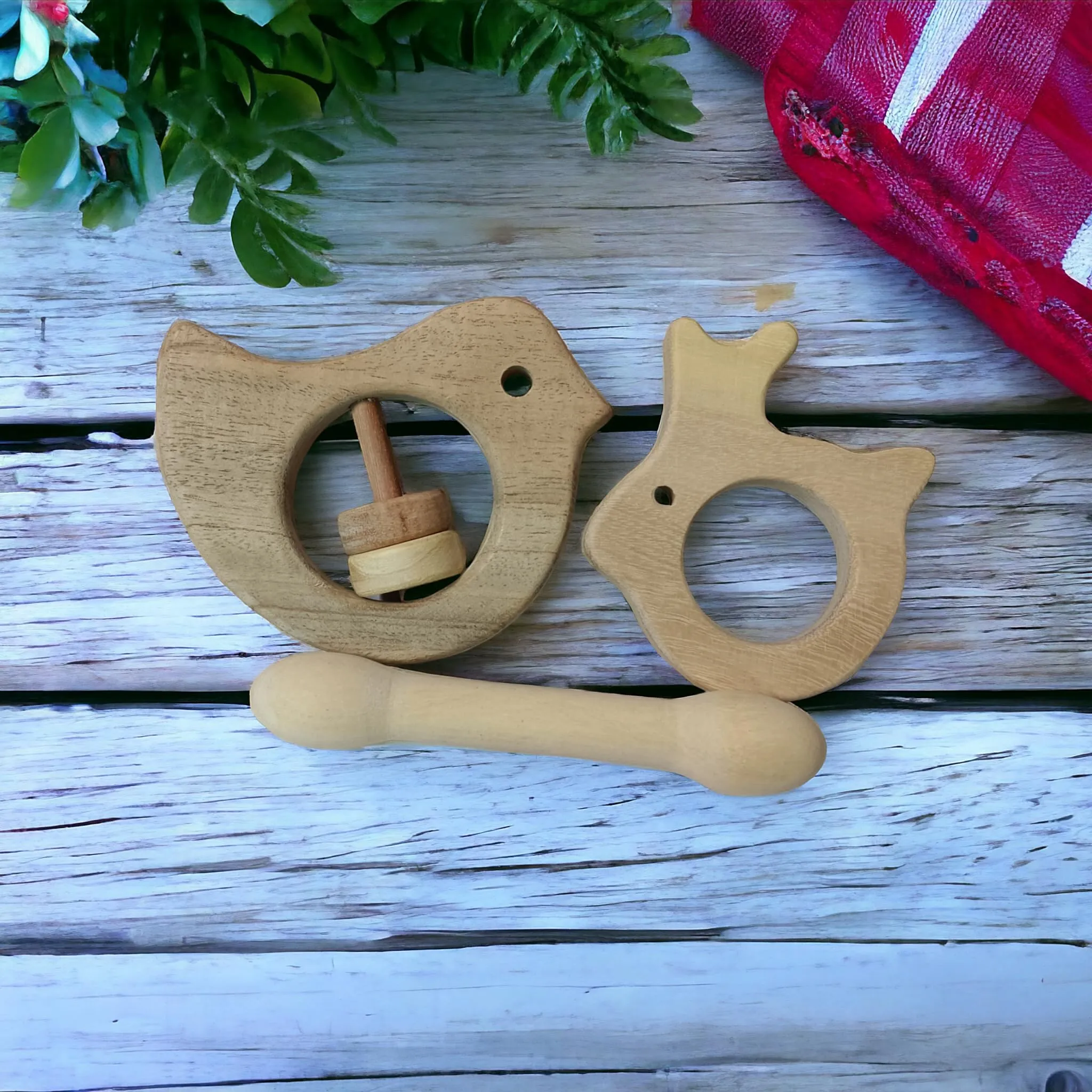 Sensory Developing Neem Wooden Rattle & Teethers- Dove, Dumb Bell & Rabbit Shapes for 0-3 Years