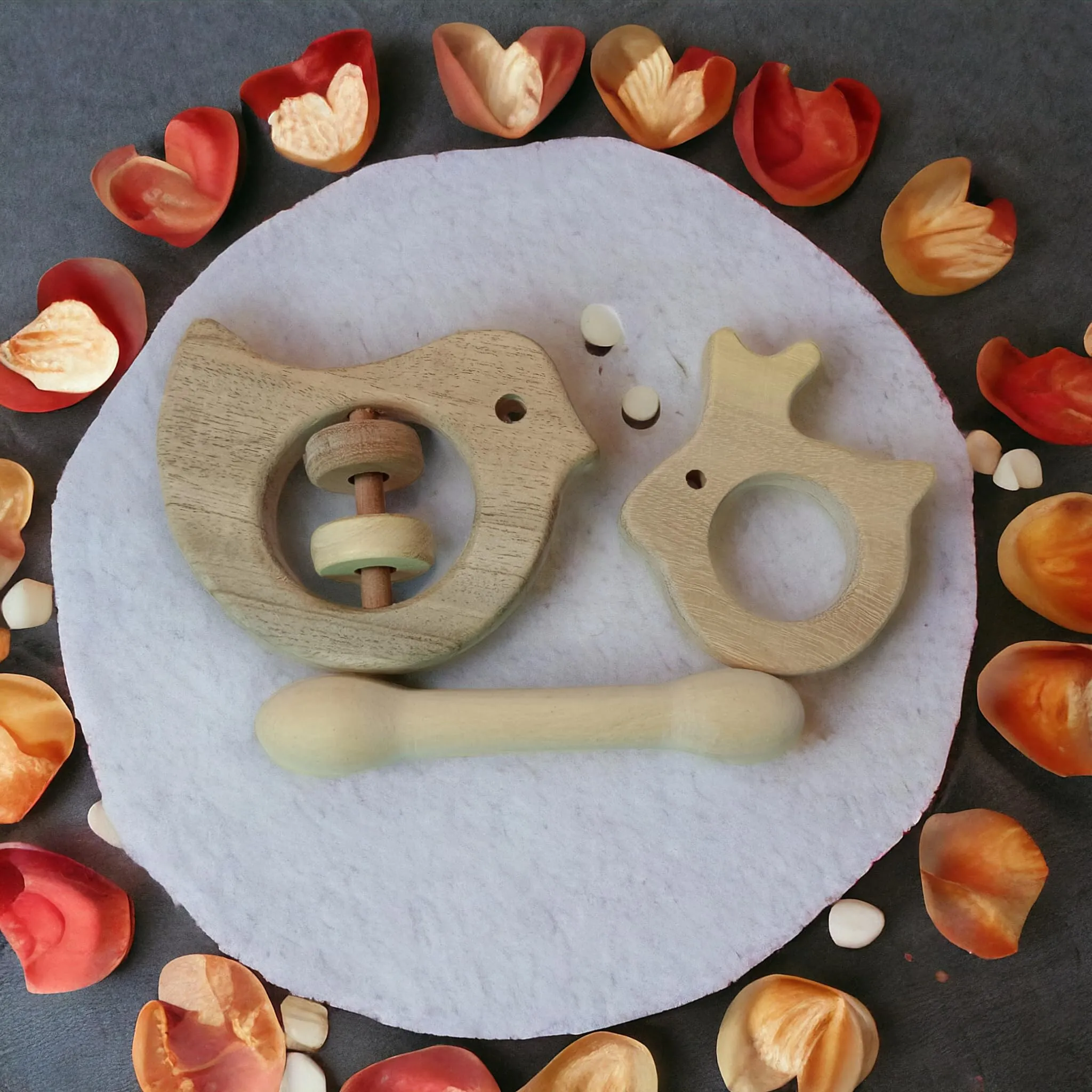Sensory Developing Neem Wooden Rattle & Teethers- Dove, Dumb Bell & Rabbit Shapes for 0-3 Years