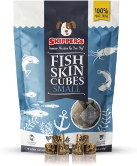 SKIPPER'S Cod Fish Skin Small Jerky Cubes - Gently Air Dried Single Ingredient Cod Skin Dog Treats, Rich in Omega 3 & Grain Free Crunchy Bites, Hypoallergenic & Gluten Free | Great for Teeth (2.5 Oz)