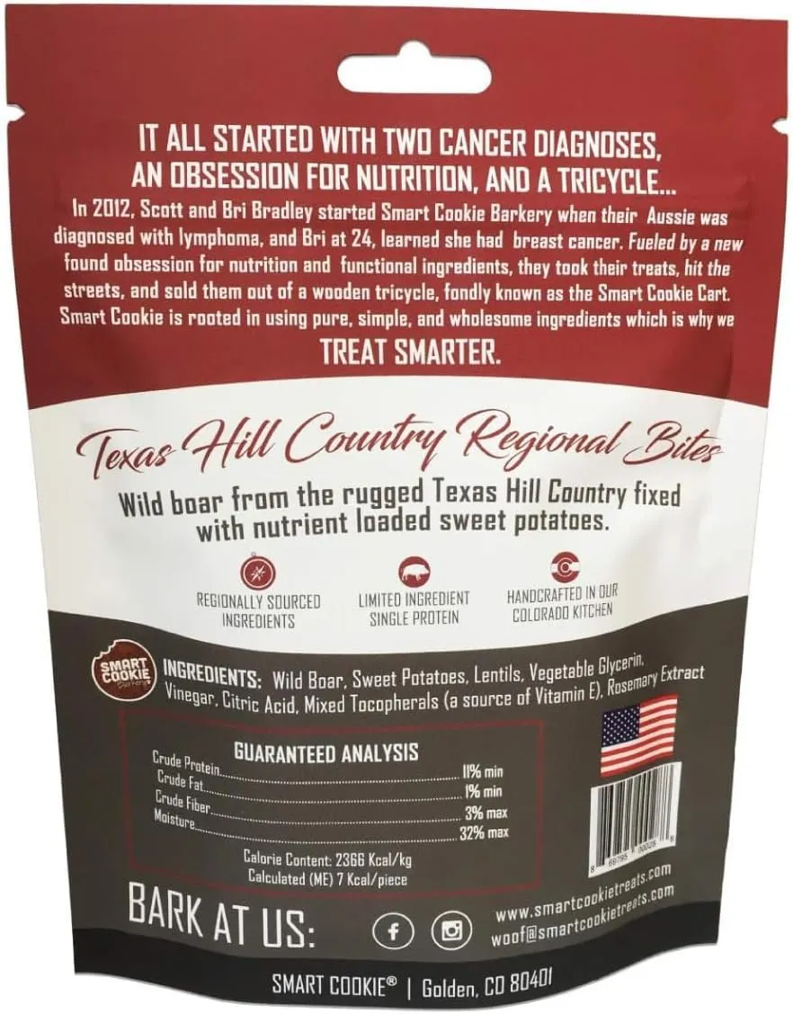 Smart Cookie All Natural Dog Treats - Wild Boar & Sweet Potato - Training Treats for Dogs with Allergies, Sensitive Stomachs - Soft Dog Treats, Chewy, Grain Free, Made in USA - 5oz Bag, Pack of 3