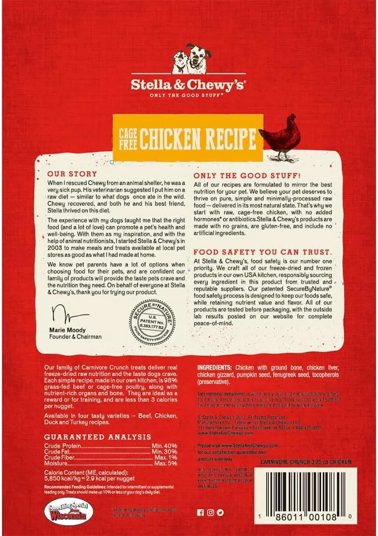 Stella & Chewy's Freeze-Dried Raw Carnivore Crunch Cage-Free Chicken Recipe Dog Treats  3.25 oz. Bag