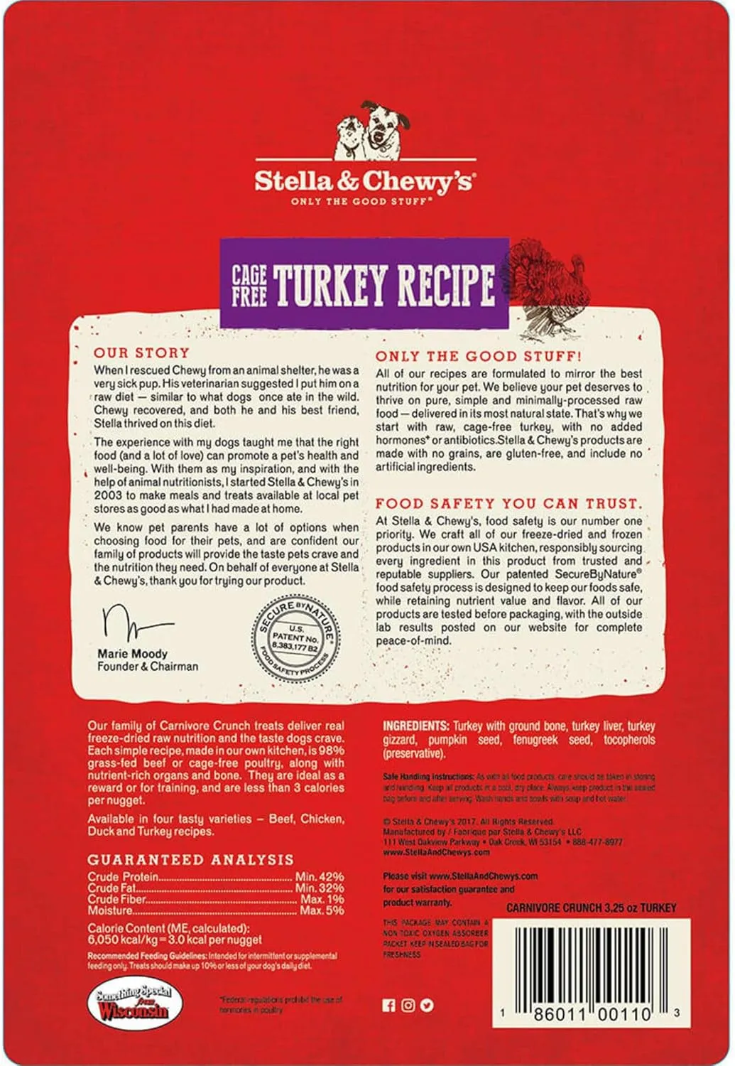 Stella & Chewy's Freeze-Dried Raw Carnivore Crunch Cage-Free Turkey Recipe Dog Treats  3.25 oz. Bag
