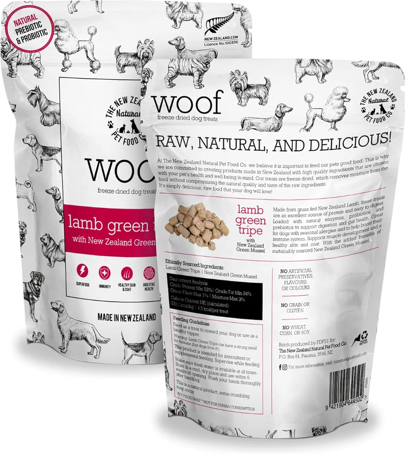 The New Zealand Natural Pet Food Co WOOF Freeze Dried Dog Treats - Lamb Green Tripe, High Protein, Large & Small Dog, Topper or Dog Treat - 1.4 oz