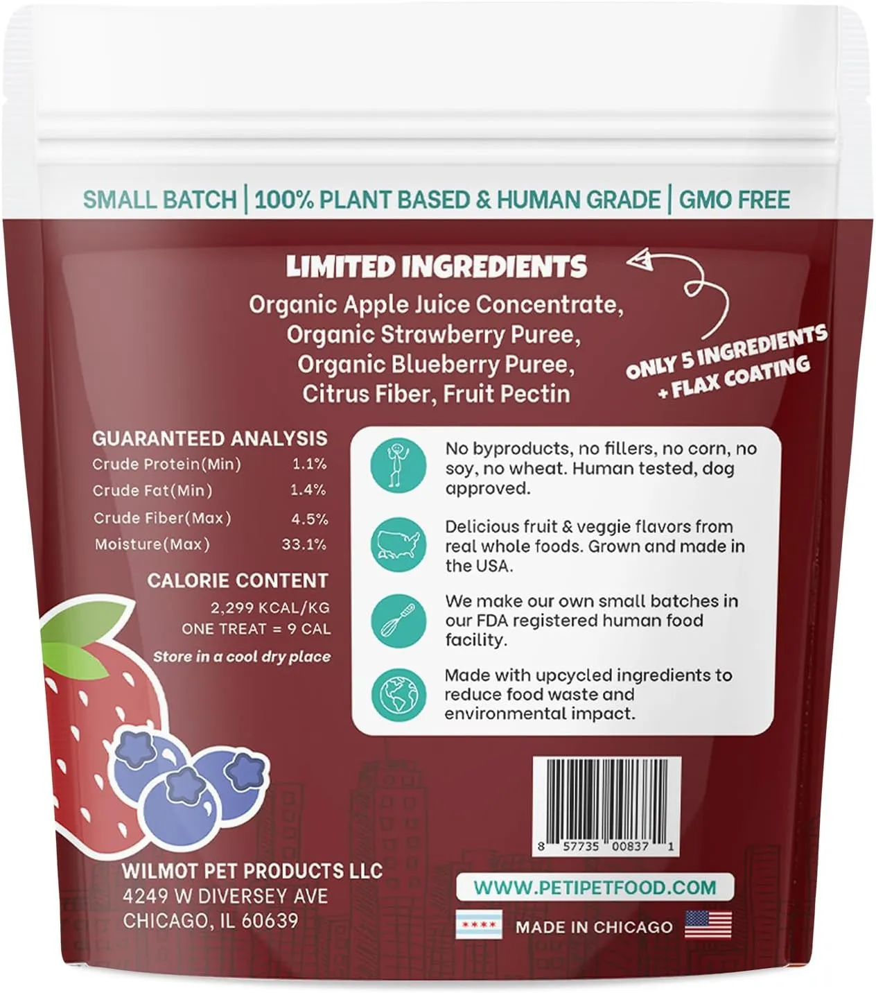 Wildberry Plant-Based Fruit Dog Treats - Strawberry, Apple, Blueberry Soft & Chewy Treats - Vegetarian, Vegan Dog Treats with Organic Ingredients - Low-Protein, Hypoallergenic, Gluten-Free