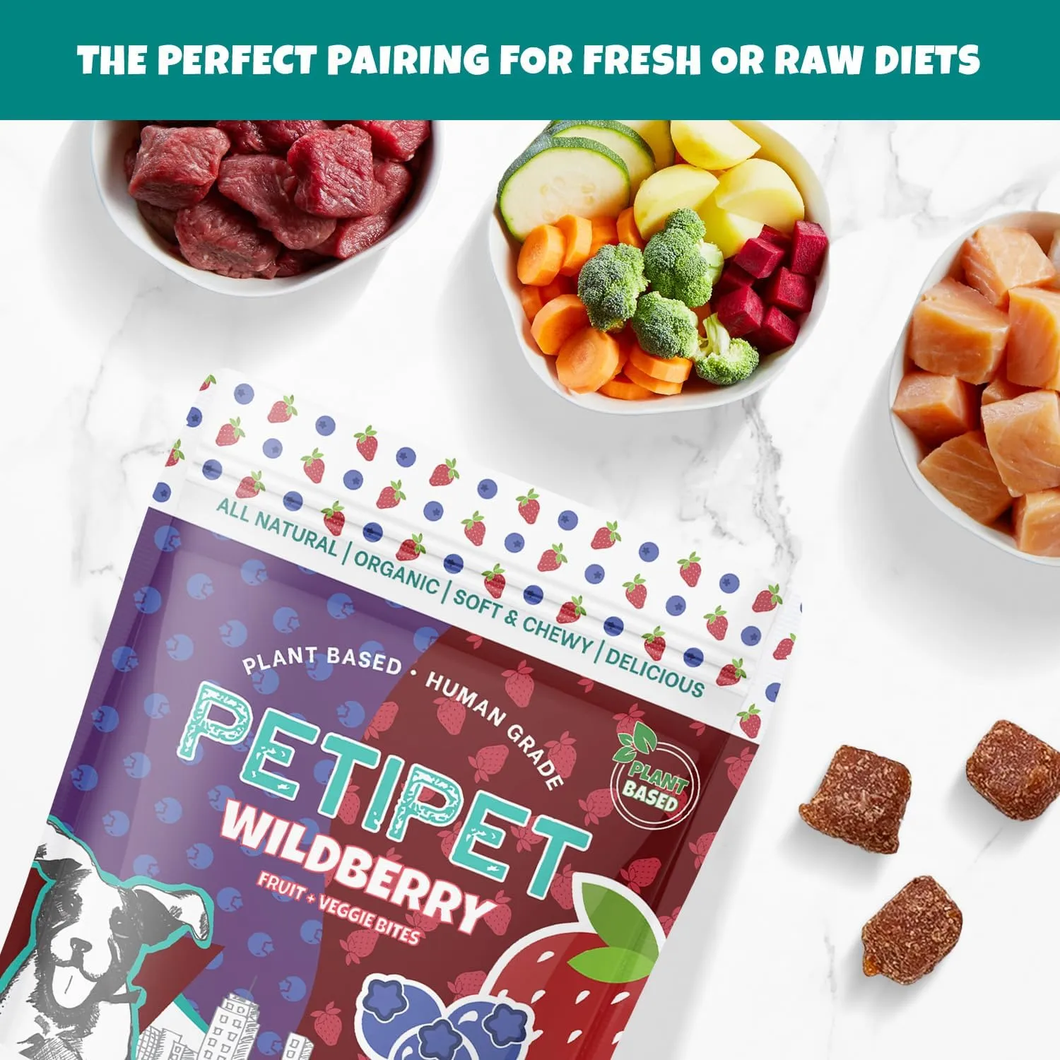 Wildberry Plant-Based Fruit Dog Treats - Strawberry, Apple, Blueberry Soft & Chewy Treats - Vegetarian, Vegan Dog Treats with Organic Ingredients - Low-Protein, Hypoallergenic, Gluten-Free